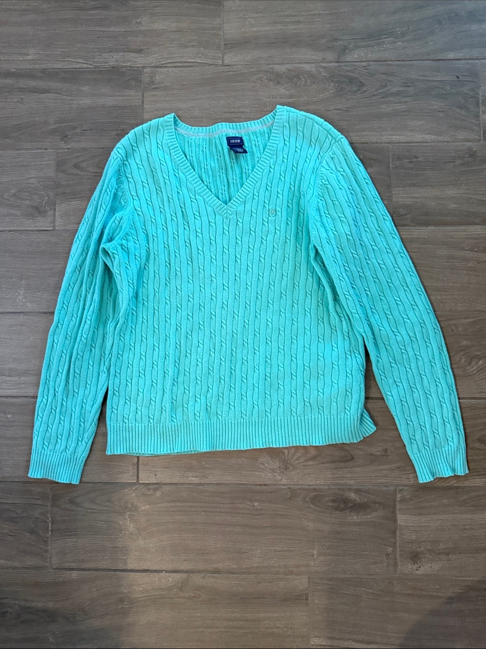 Izod 100% Cotton Women's Cable V-Neck Sweater - Turquoise